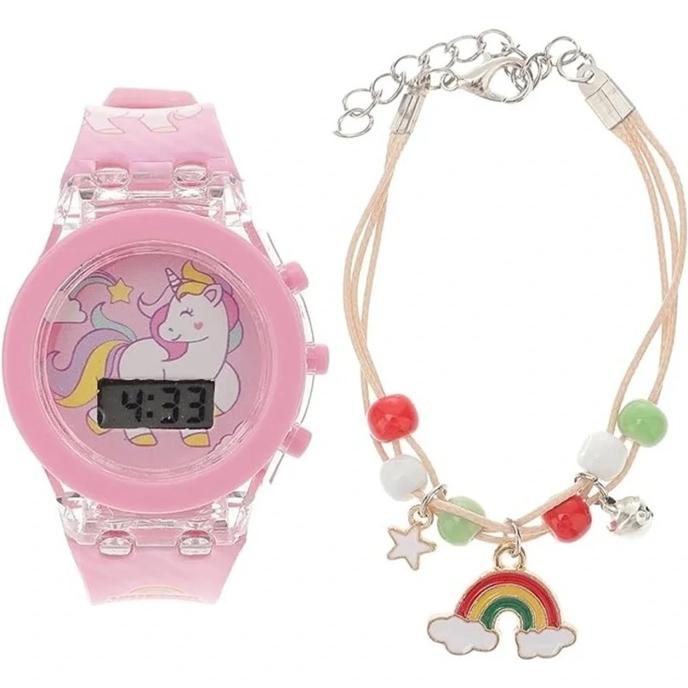Watch Girls Unicorn‎  Pink 3D Glow Silicone Watch and Rainbow Beads